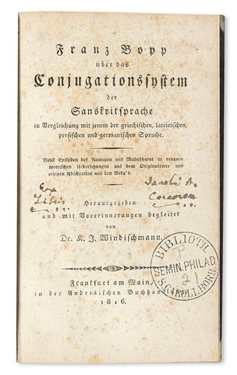 GRAMMARS, DICTIONARIES, etc.  BOPP, FRANZ. Über das Conjugationssystem der Sanskritsprache.  1816